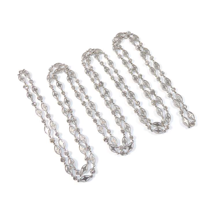Platinum and diamond set long chain necklace